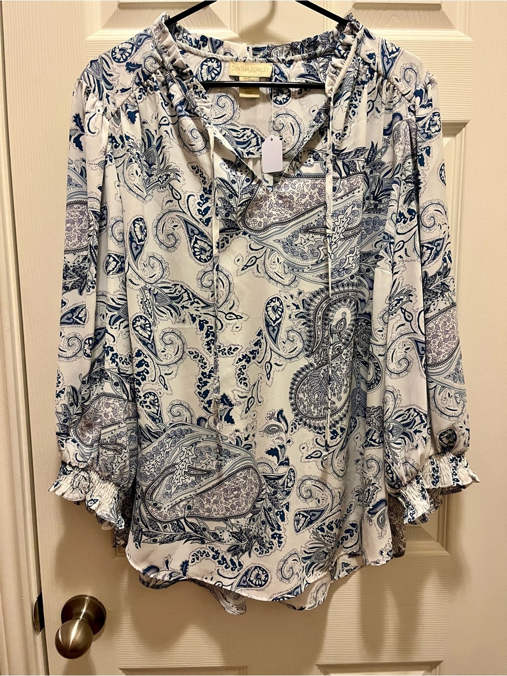 Cynthia Rowley Blue White Lavender Paisley Ruffle Blouse Size 2X